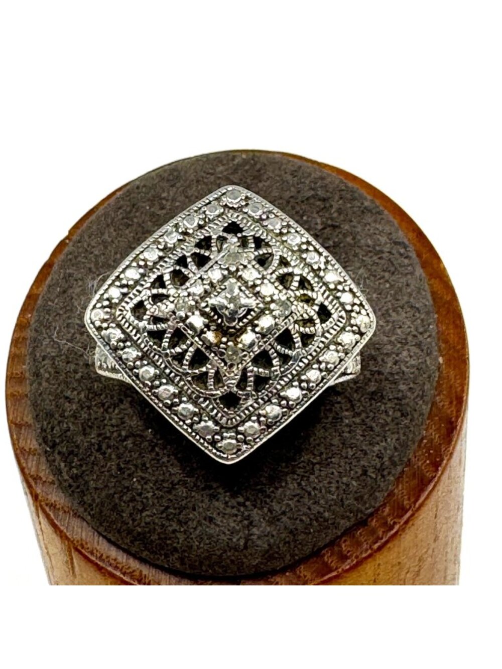 Sterling Silver 925 Natural Diamond Square Filigree Statement Ring Size 7